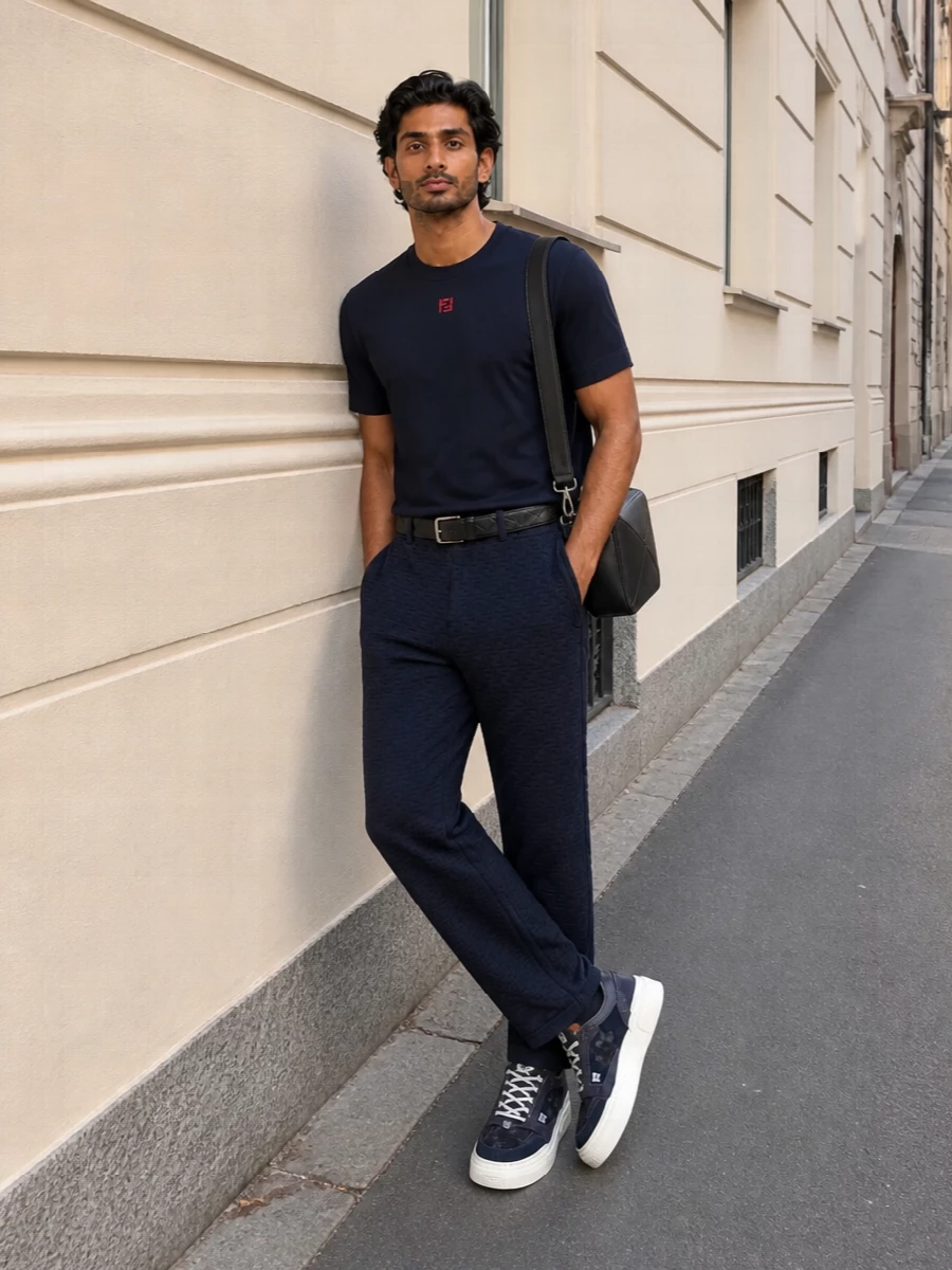 Fendi navy track pants tee outfit men
