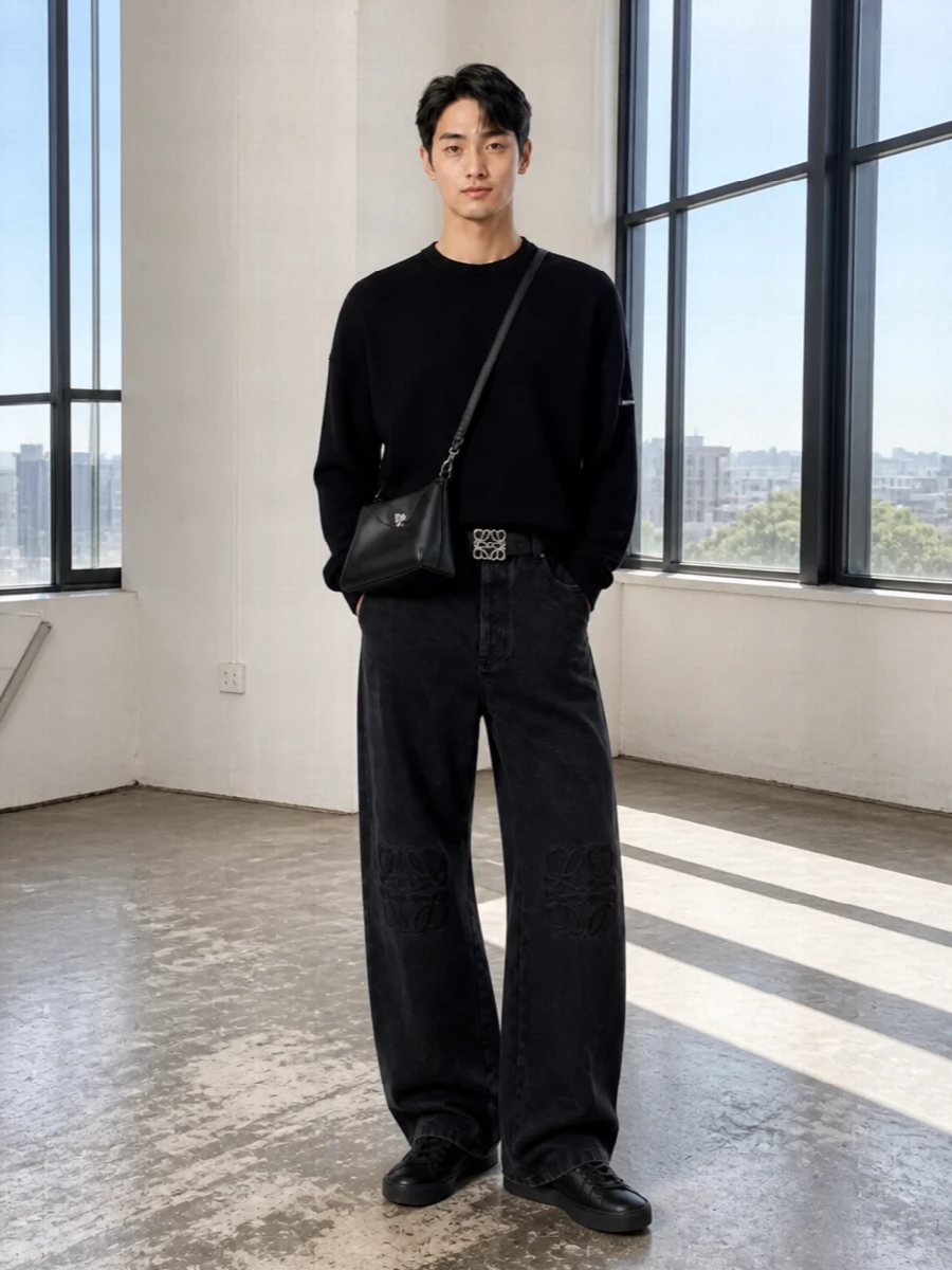 Loewe wide leg jeans black designer knit outfit