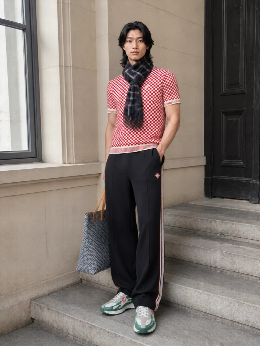 Casablanca red knit navy track pant outfit