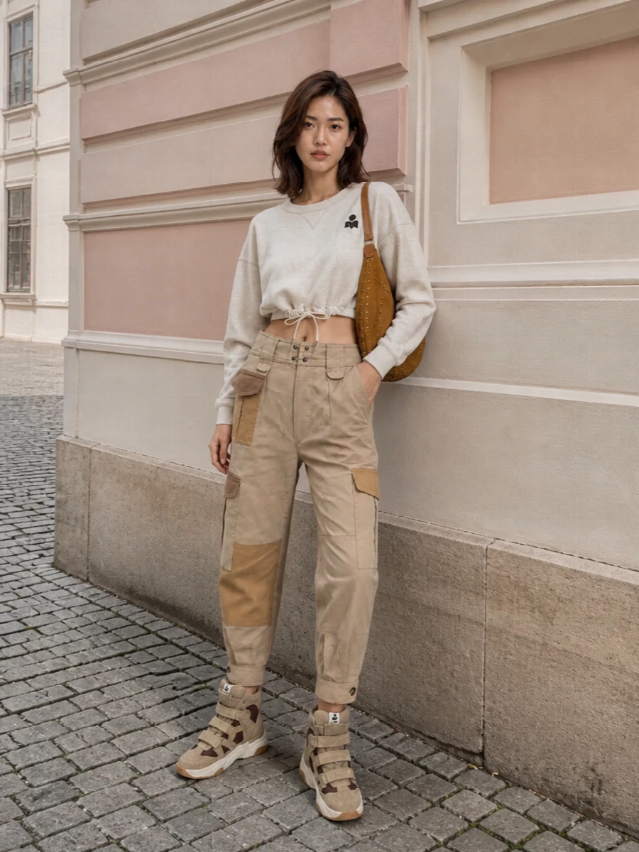 Isabel marant wedge sneakers cargo pants sweatshirt