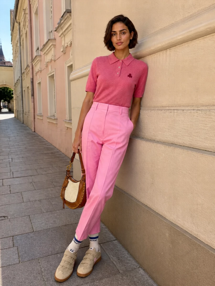 A raspberry knit polo meets high-rise pink tailoring for a fresh, tonal take on off duty dressing. Retro sport sneakers and a softly structured cream hobo keep it relaxed yet considered, ideal for warm city days that still call for polish.