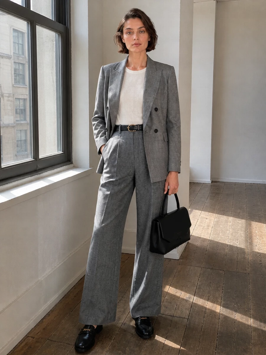 Ermanno firenze blazer grey wide leg trousers outfit