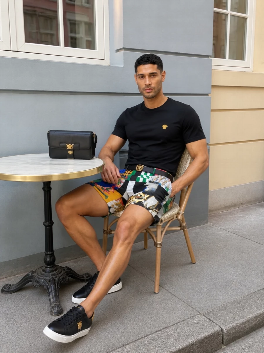 Versace baroque shorts black tee sneakers