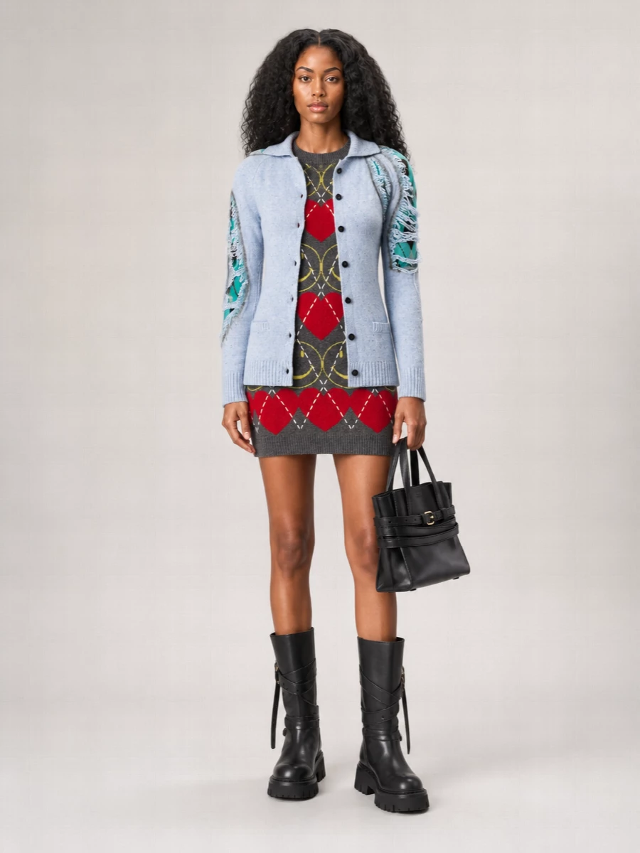 Moschino Silk Wool Fine-Knit Distressed Argyle Cardigan