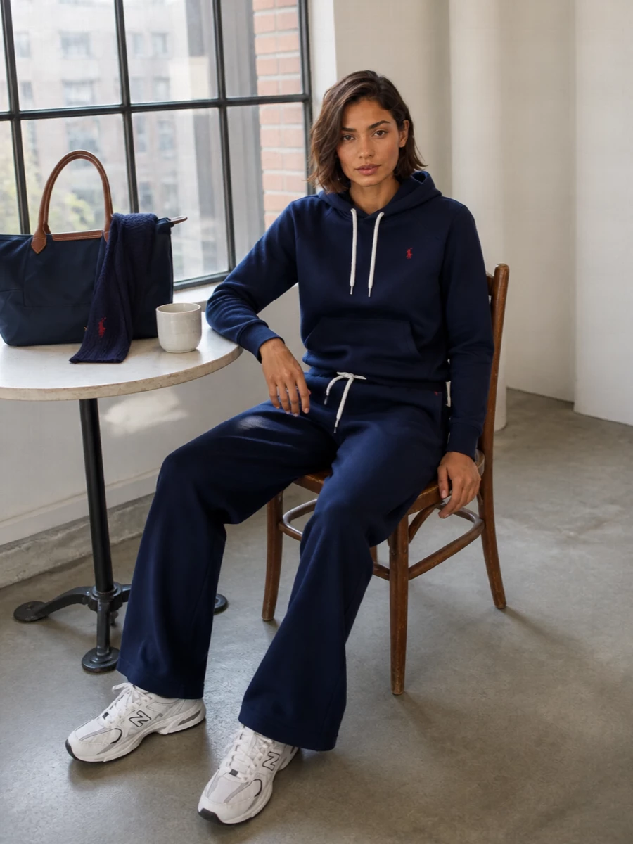 Navy wide-leg track pants meet a matching Ralph Lauren hoodie for a clean, collegiate take on laid-back days. White and navy runners keep the palette crisp and sporty, while the navy Longchamp tote and cable scarf add just enough structure for city errands or travel without disturbing the relaxed flow of the silhouette.