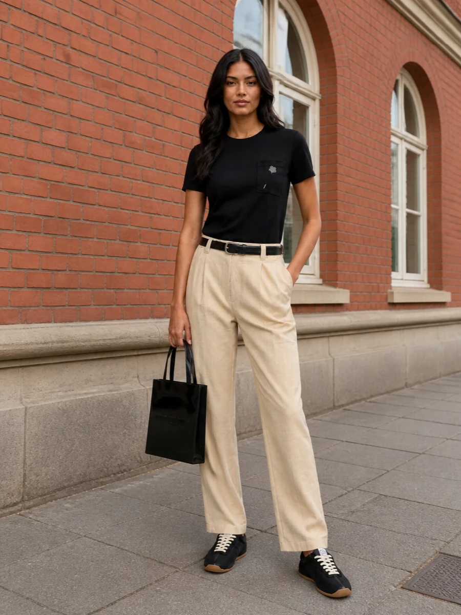 Kenzo black tshirt beige trousers sneakers