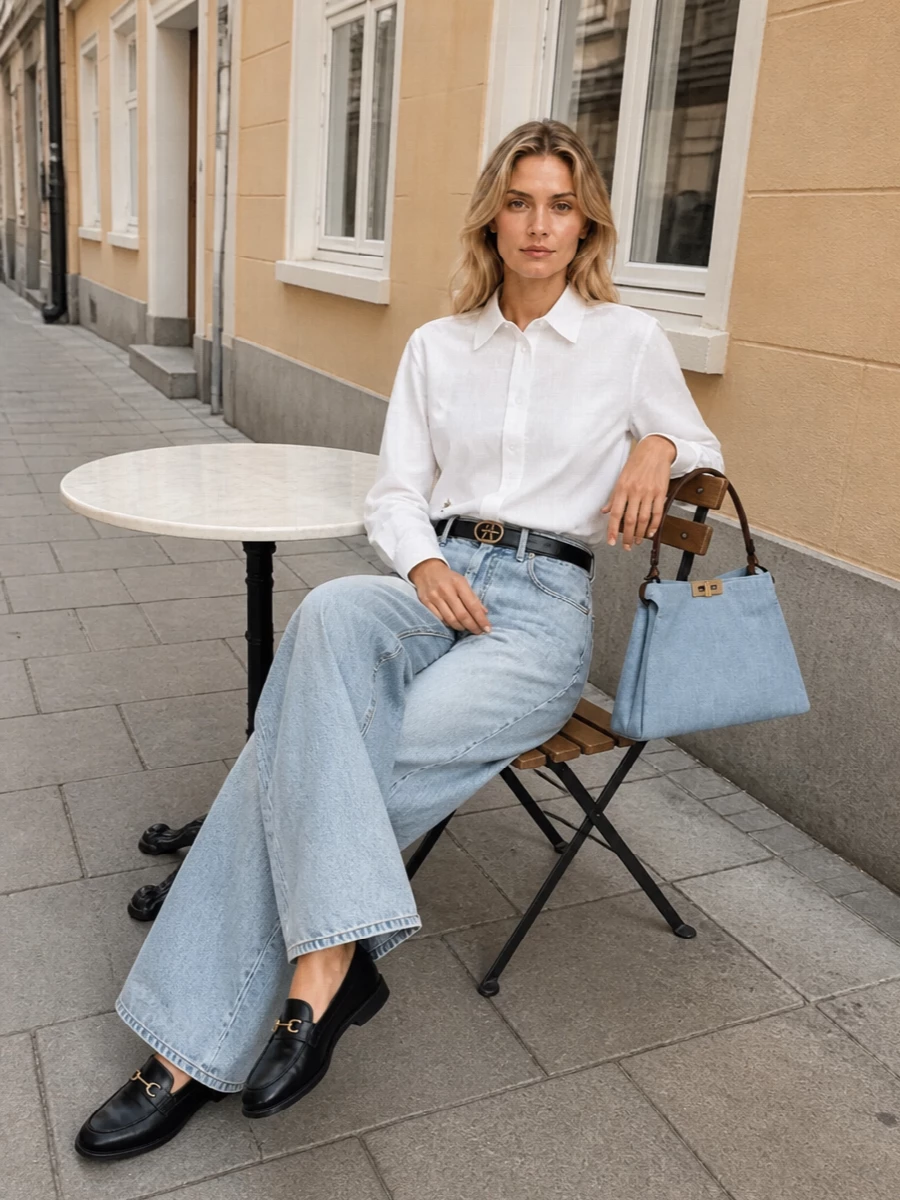 Dior wide leg jeans white shirt fendi denim bag