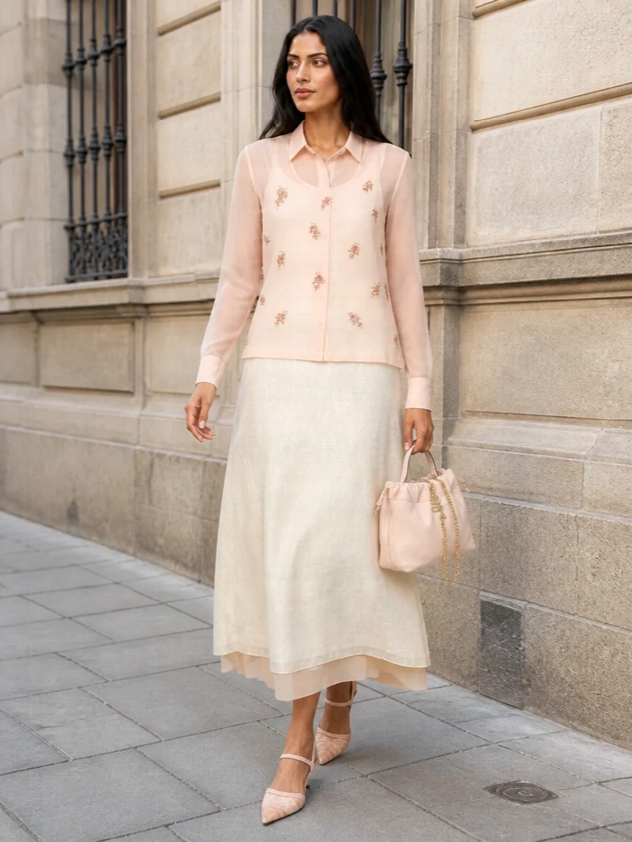 Champagne brocade midi skirt blush sheer blouse