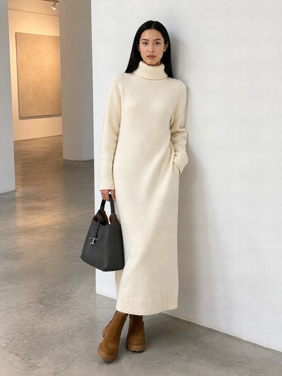 A long cream knit dress and camel suede Chelsea boots create a soft, elongated column that feels composed yet relaxed for cooler days. The structured grey Tod’s tote adds quiet definition and depth to the neutrals, keeping the outfit firmly in a minimalist, grown‑up mood. Choosing the dress route over separates keeps the styling deliberately simple, letting texture and proportion do the work rather than piling on components.