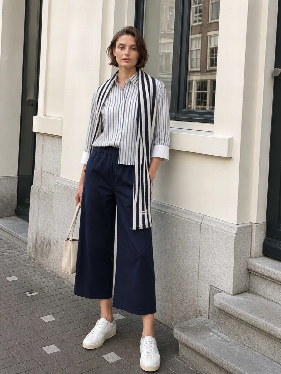 A relaxed striped shirt meets cropped navy wide-legs for a clean, boyish take on summer city dressing. Soft white sneakers and a cream structured shoulder bag keep the palette light and polished, while the proportions stay easy for office-to-weekend wear.