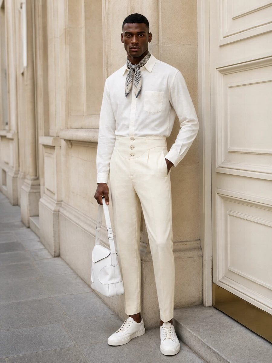 Saint laurent cream trousers prada sneakers outfit