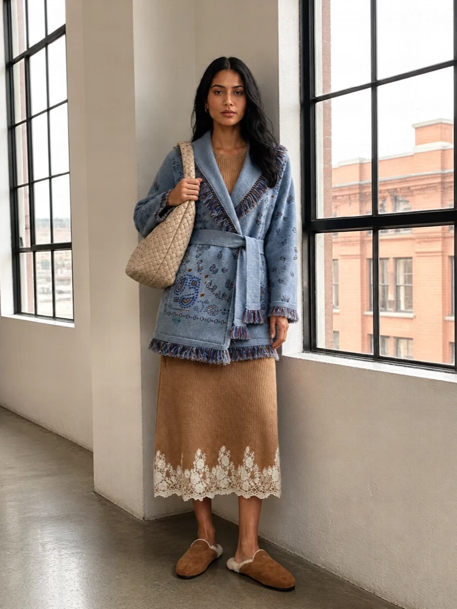 I am styling the Alanui bandana robe as the hero, so I avoid additional cardigans and build around a single knit dress for a cleaner, robe-over-column silhouette. The camel Alberta Ferretti dress gives a romantic, loungewear-adjacent base that nods to the coat’s tan accents, while shearling slippers and a slouchy woven hobo keep everything cocooned, relaxed and quietly opulent for cold-season days at home or soft-focus errands. The overall effect is tonal, tactile and boho-romantic without tipping into print overload.