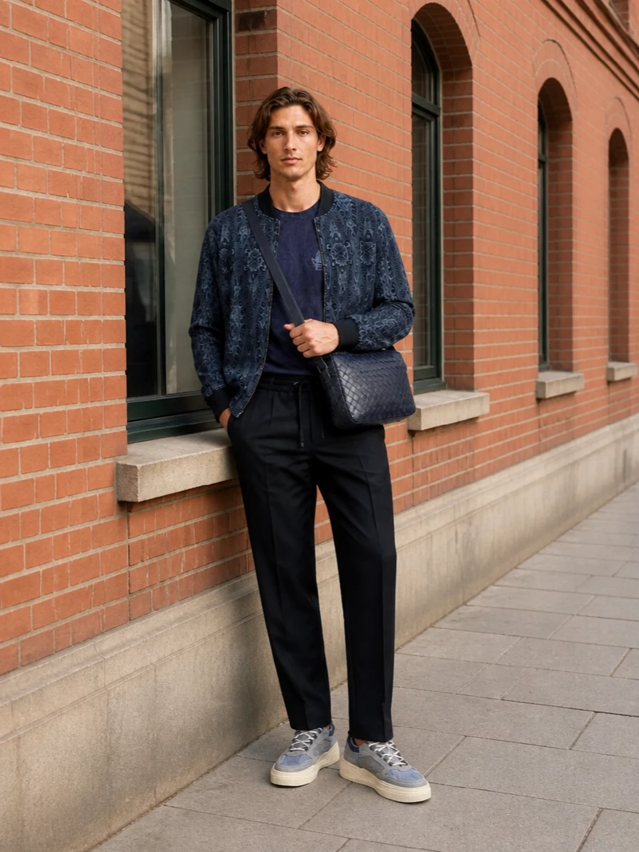 Etro navy bomber tailored trousers outfit