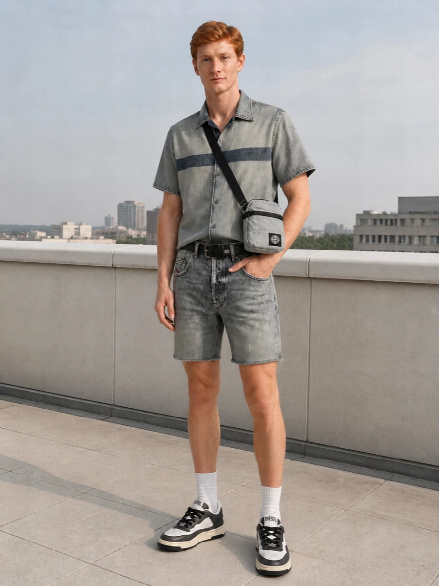 Diesel grey denim shorts washed shirt outfit