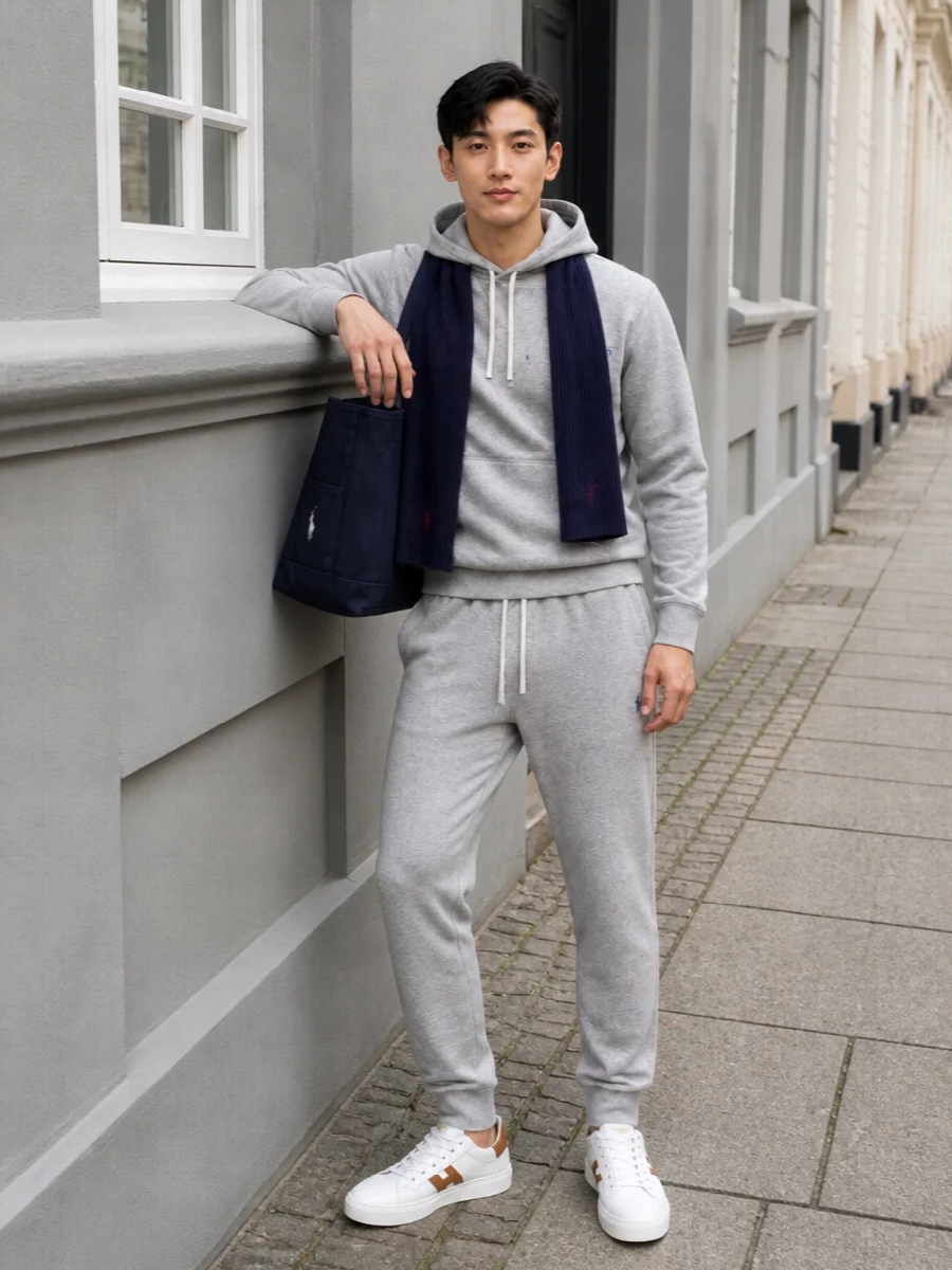 A tonal heather-grey Polo set keeps the silhouette clean and relaxed, with navy and white accents giving it that low-key collegiate sharpness. White leather sneakers brighten the palette just enough, while the navy tote and scarf quietly repeat the blue notes so the whole outfit feels considered rather than thrown on. It is the kind of off-duty combination that works equally for a flight, a coffee run or a casual office day in comfort-first mode.