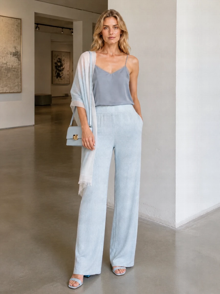 Soft tonal blues and whisper-light textures create a calm, polished mood around the shimmering wide-leg trouser. The silk camisole keeps the line fluid and modern, while block-heel sandals and a structured ice-blue bag add just enough structure for warm evening dinners. A gauzy scarf in ivory and pale blue finishes the palette without disturbing the quiet simplicity.