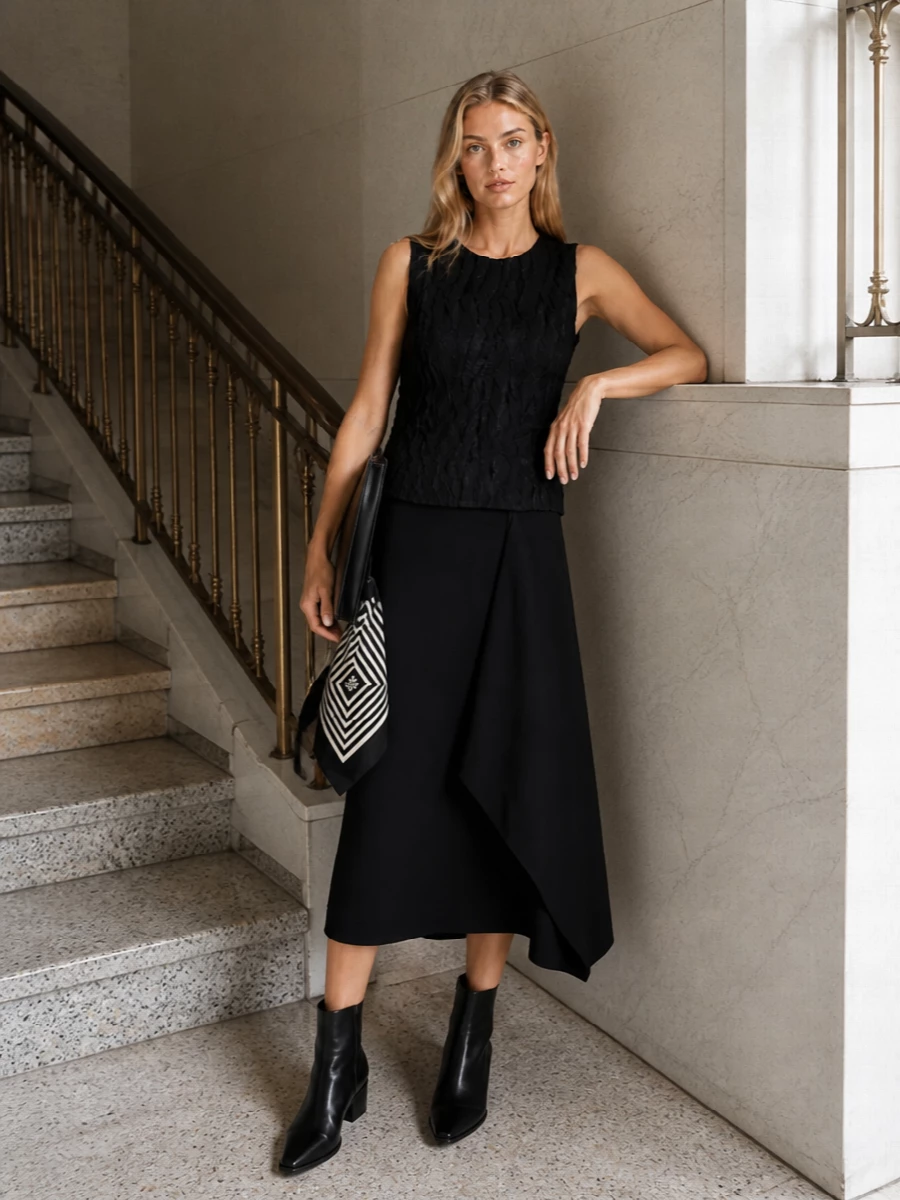 Alysi black top ami paris midi skirt outfit