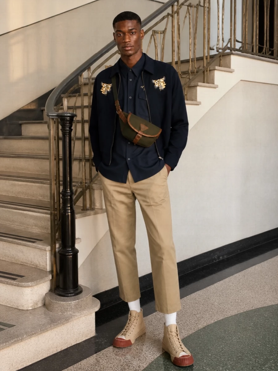 Visvim bomber khaki chinos hi top sneakers