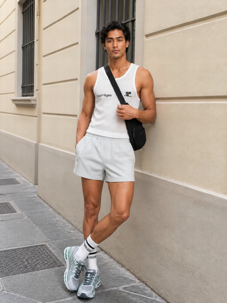 Courreges mesh tank balenciaga short asics runner