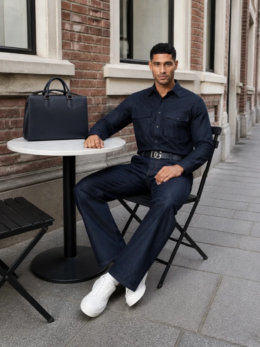 Dolce gabbana navy shirt wide leg jeans outfit