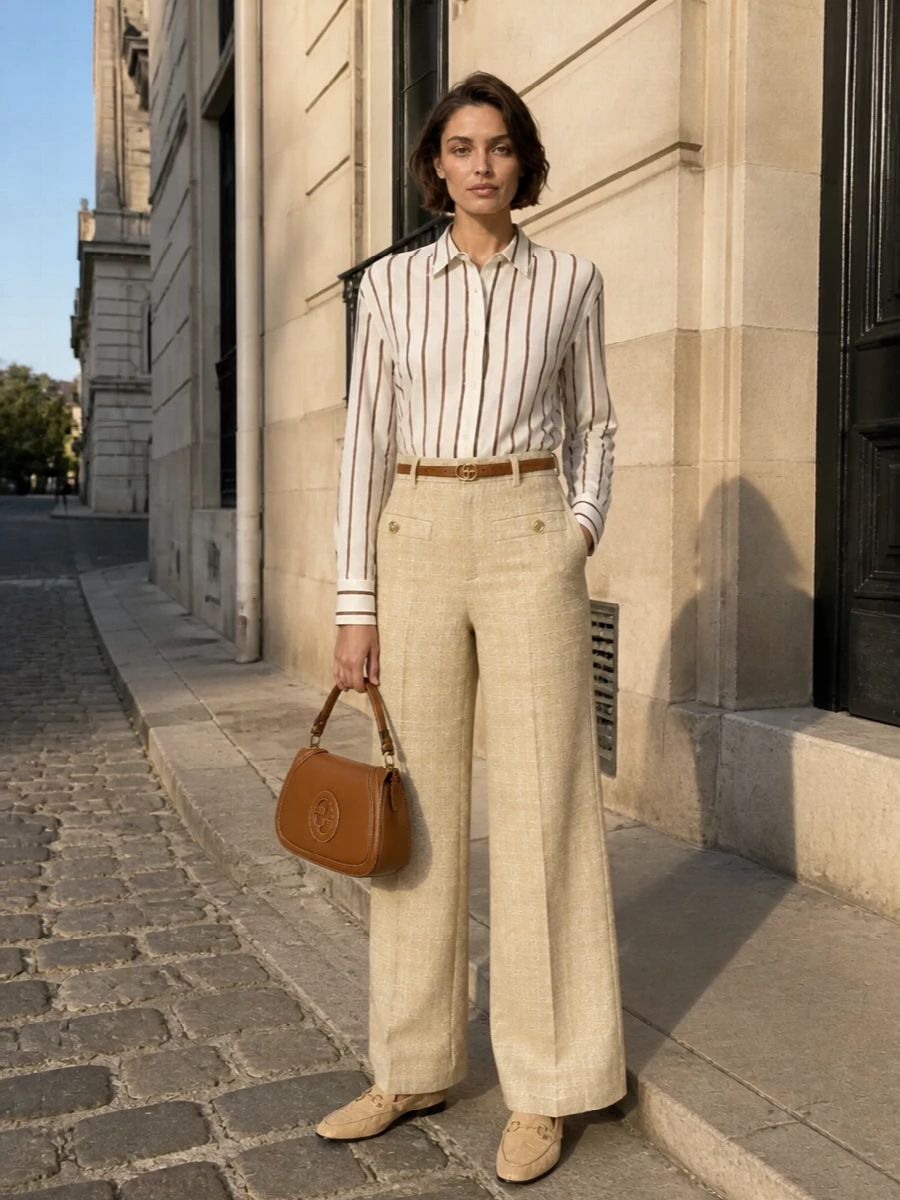 Gucci striped shirt wide leg trousers outfit