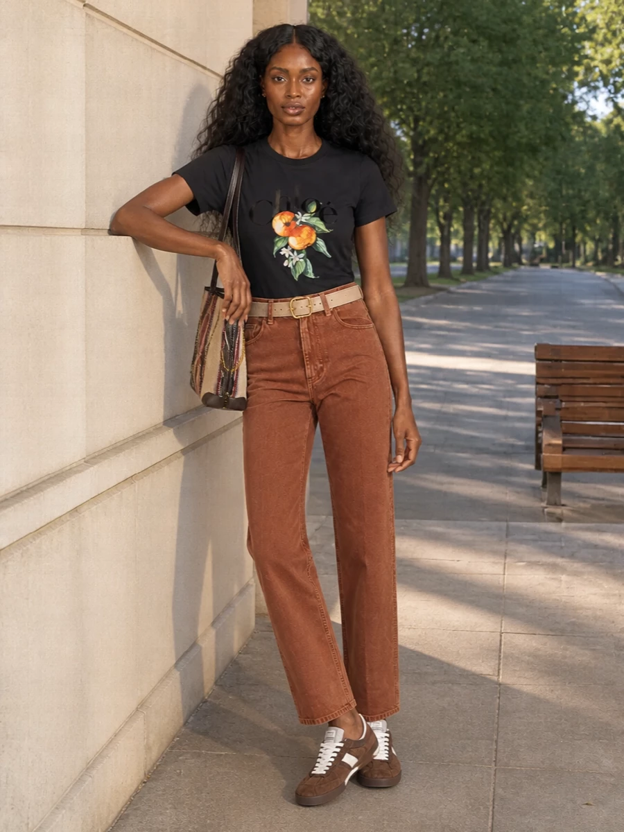 Chloe black tee rust jeans outfit