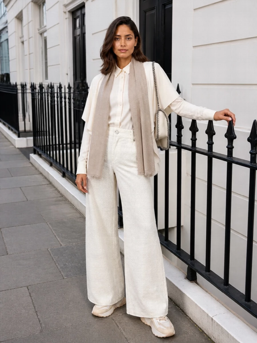 Stella mccartney ivory wide leg pants blouse outfit