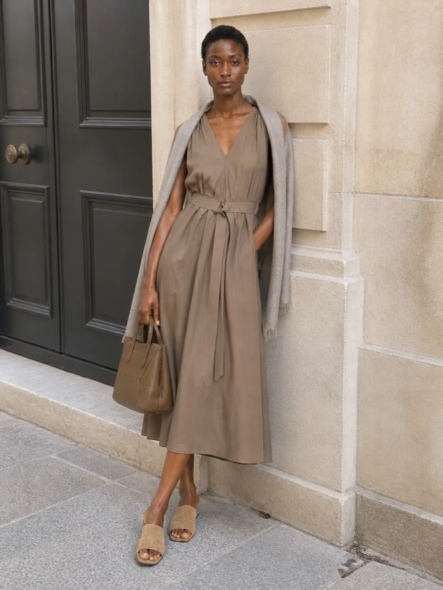 Taupe a line midi dress camel suede slides outfit