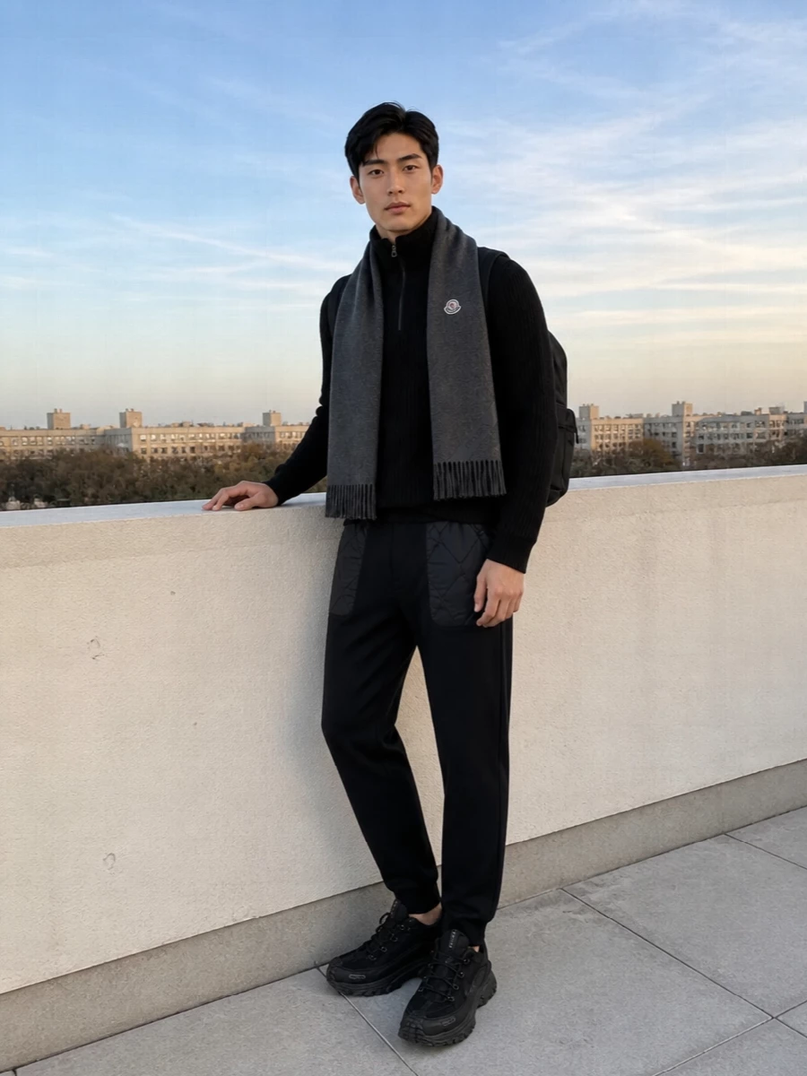 Moncler black jogger outfit trail sneakers