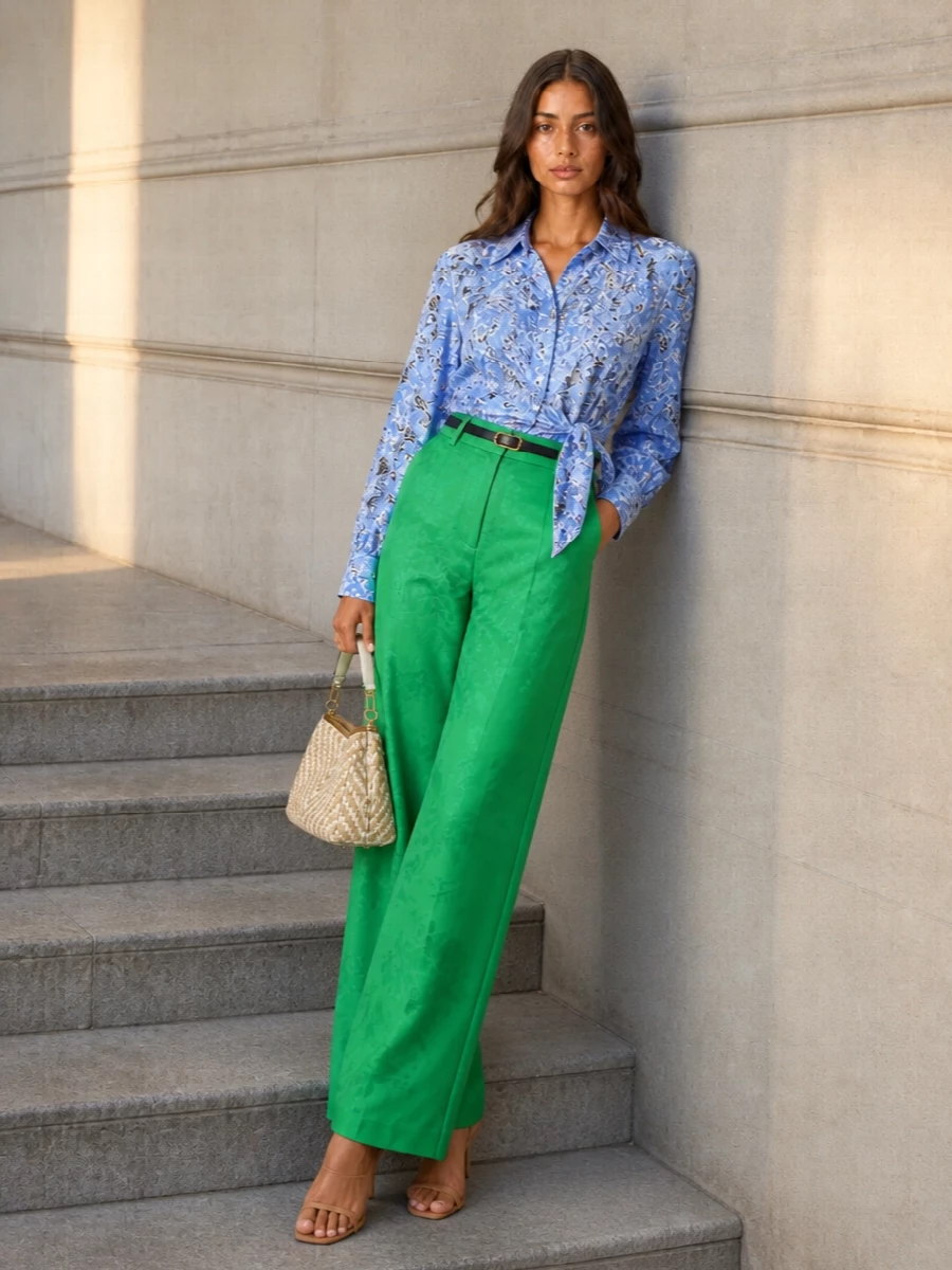 A vivid jade Etro trouser is paired with a sky-blue floral shirt, the tie waist echoing the tailored rise and keeping the wide leg long and clean. Tan ankle-tie heels and a sand woven top-handle keep the color story light and summery, letting the prints remain the focus. A slim braided belt adds discreet definition at the waist while preserving the romantic, fluid line.