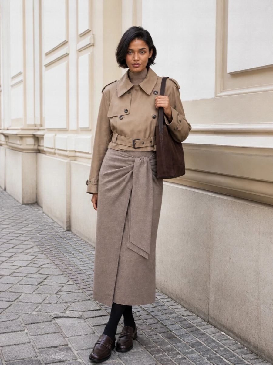 I am building around the knit dress route rather than top and trouser, because the long, wrapped column works best under the cropped trench, keeping the line clean and elongating. The result is a quietly structured city uniform in warm taupes and browns, where each piece feels considered but not precious. Loafers and a suede shoulder bag keep it grounded for day while still reading refined enough for dinner.