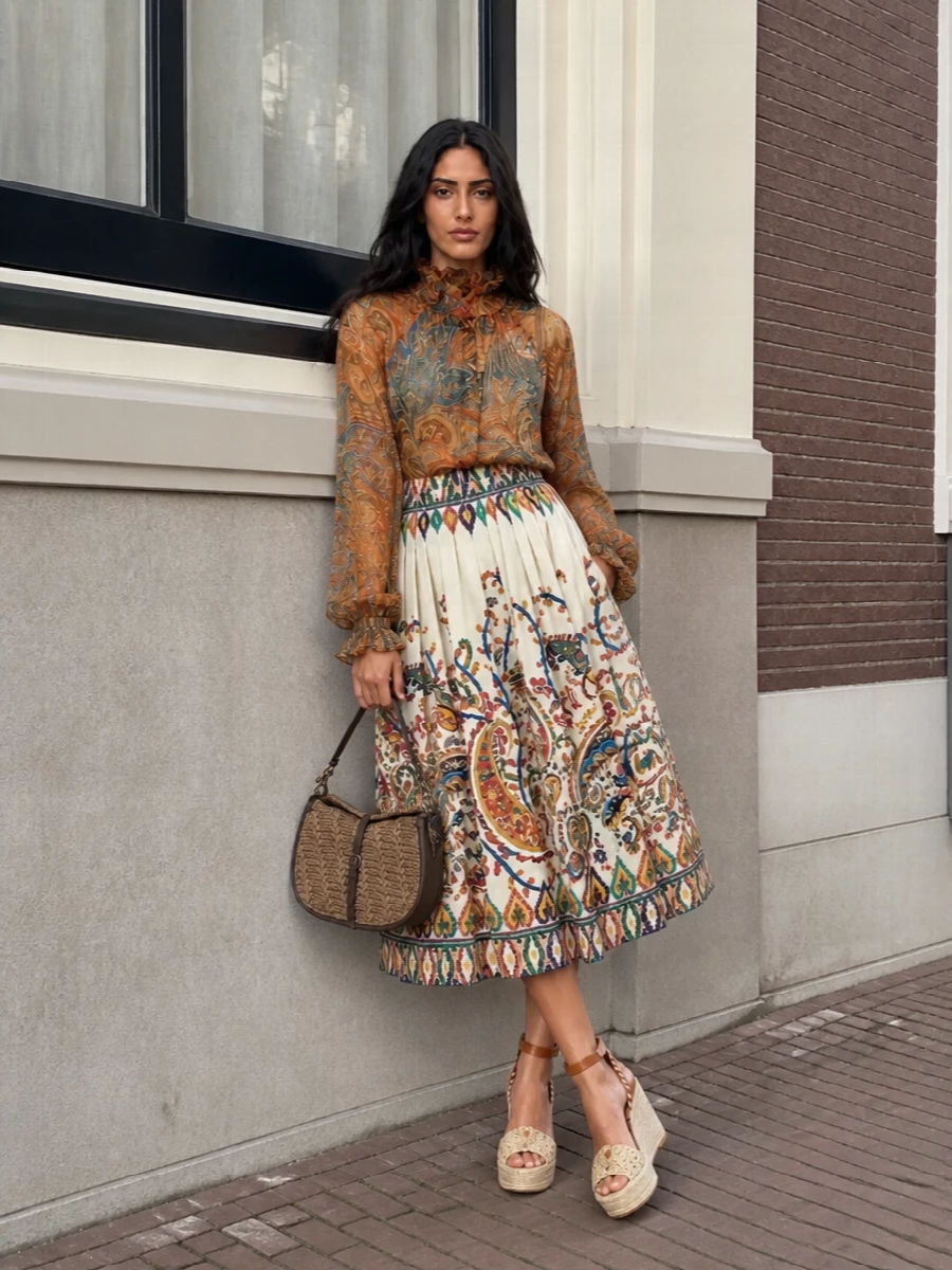 Etro paisley midi skirt romantic blouse outfit