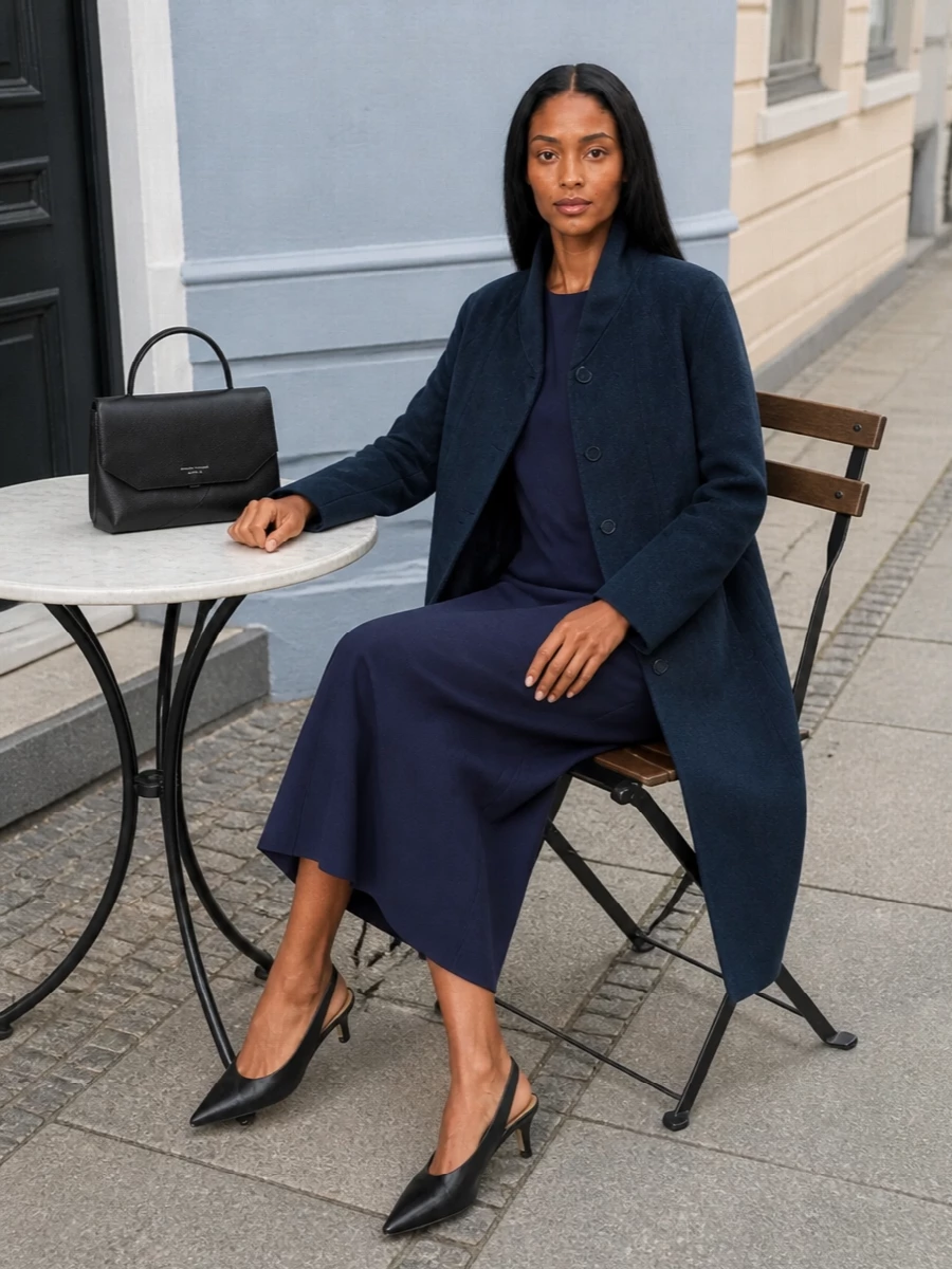 Giorgio armani navy midi dress black coat outfit