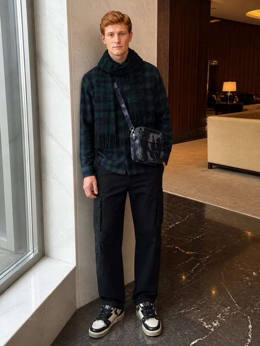 Represent flannel black cargo pants sneakers