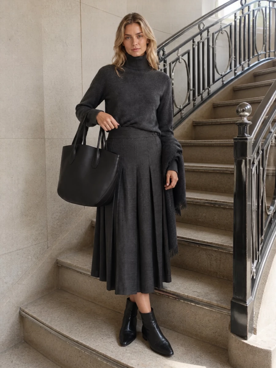 Rohe charcoal turtleneck wide leg trousers outfit