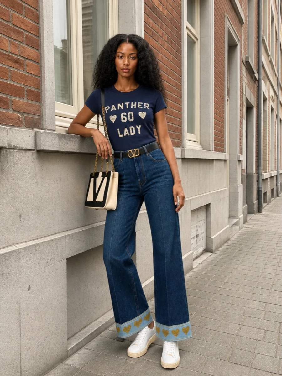 A navy varsity tee meets heart-detailed Valentino denim for a graphic, preppy take on off-duty dressing. Clean white court sneakers and a structured cream-and-black shoulder bag keep the mood polished but relaxed, while a slim black logo belt quietly pulls everything together. It is easy, confident and distinctly Valentino without feeling overstyled.