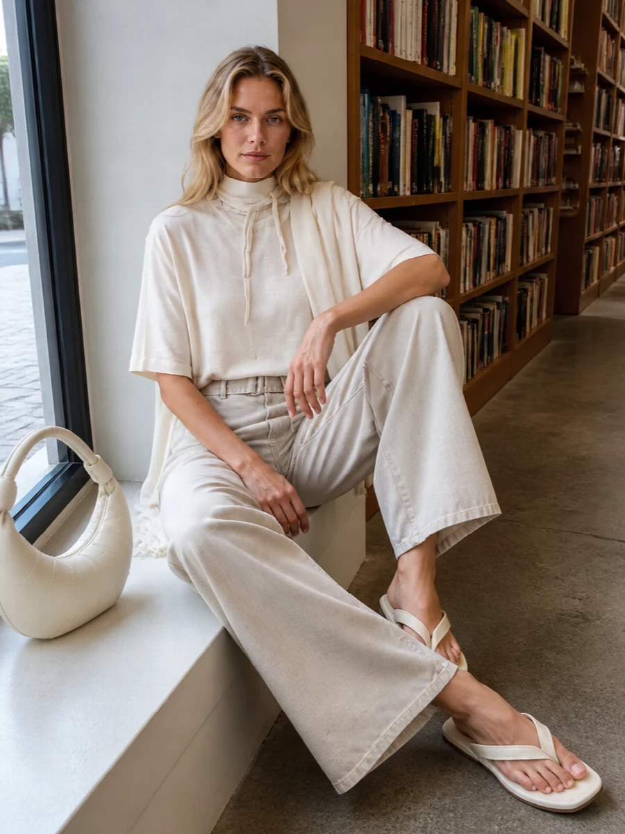 Soft ivory on stone creates a calm, tonal column that feels relaxed yet considered. The high-rise wide-leg trouser anchors the easy tee, while flat cream thong slides and a sculpted hobo bag keep the mood quietly refined. An airy ivory wrap introduces just enough texture to finish the outfit without breaking its minimal line.