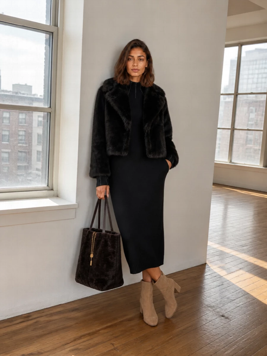 I’m anchoring the outfit around the dress path, using a black ribbed‑neck Fabiana Filippi knit column under the cropped faux‑fur coat for a streamlined, modern take on evening knitwear. Camel suede ankle boots and a dark chocolate Chloé tote introduce warm neutrals that prevent the fur-on-fur from feeling heavy, keeping the palette rich but still quietly understated. The result is a plush, knit‑and‑fur ensemble that reads polished enough for dinners and gallery evenings while remaining cocooning and unfussy to wear for a full cold‑weather day.