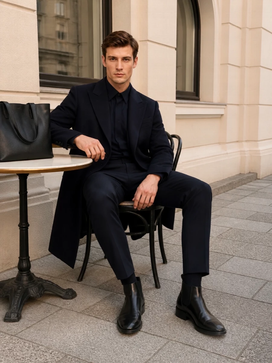 Alexander mcqueen navy coat tailored trousers outfit