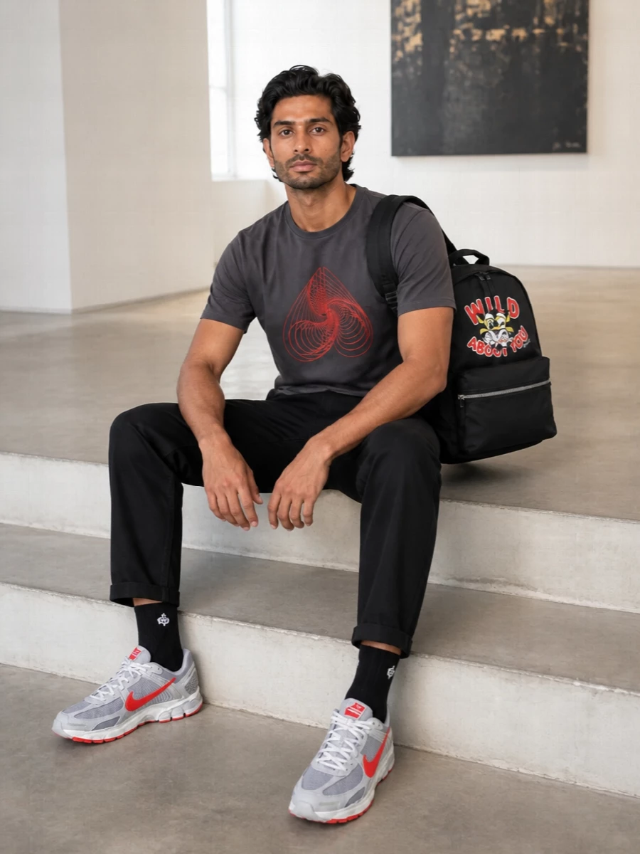 Charcoal and black keep the base sharp so the neon heart graphic and red hits feel precise rather than loud. Regular cuts on both tee and denim stay relaxed but clean, with technical runners and a graphic backpack pushing the energy into modern city sport. It is an off-duty outfit built for movement, where every pop of colour feels anchored by a grounded, monochrome frame.