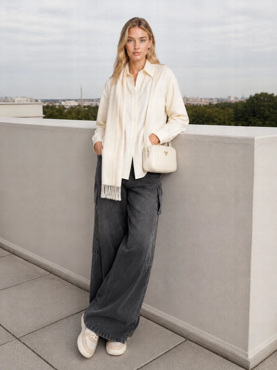 An ivory longline shirt falls over washed-charcoal wide cargo denim for a relaxed, street-inflected silhouette that still feels composed. Soft off-white sneakers and an ivory cross-body keep the palette clean and cohesive, with an ivory scarf adding hushed warmth and polish. The proportions stay modern by pairing dramatic volume on the leg with a simple, elongated top and compact accessories.