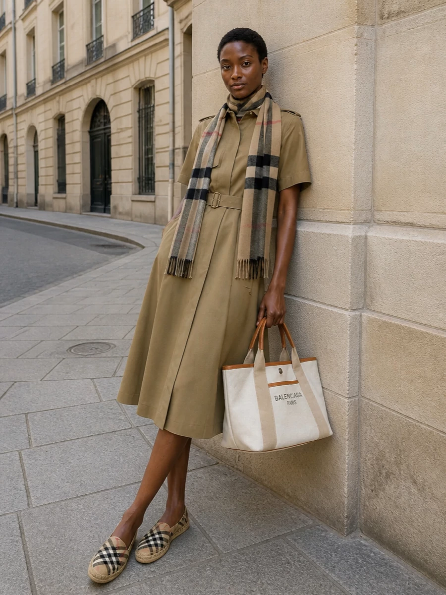 Burberry camel midi shirt dress check scarf outfit