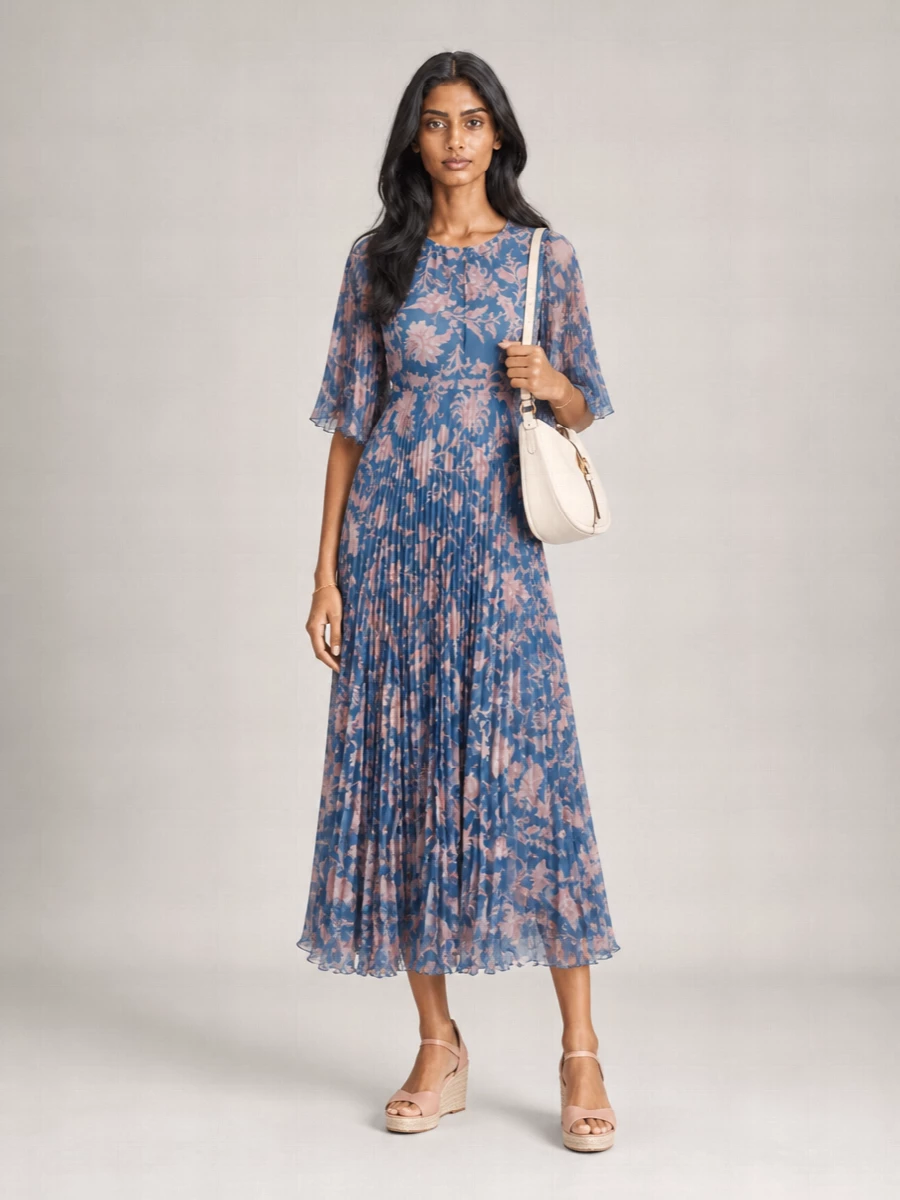 Etro Pleated Patterned V-Neck Flared-Sleeve Maxi Dress