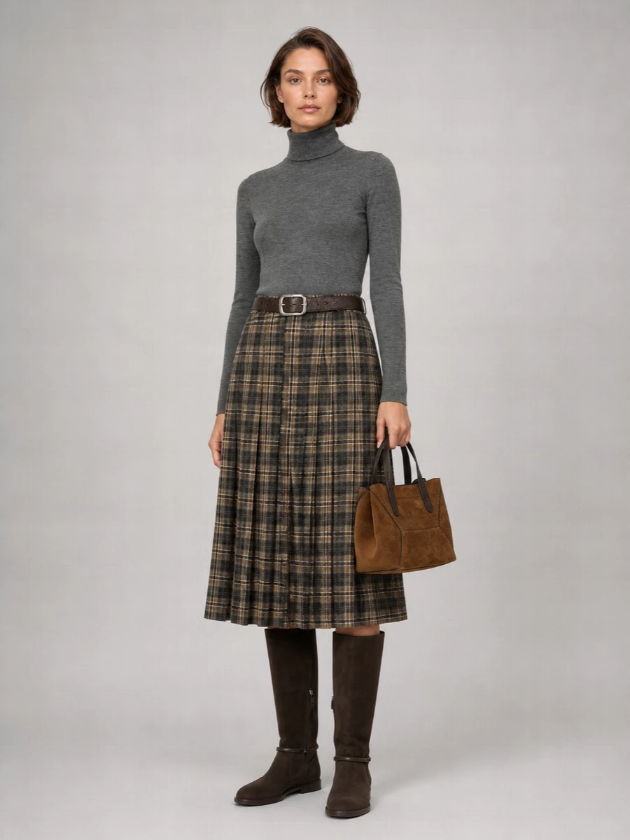 Brunello Cucinelli Wool Tartan Pleated Maxi Skirt