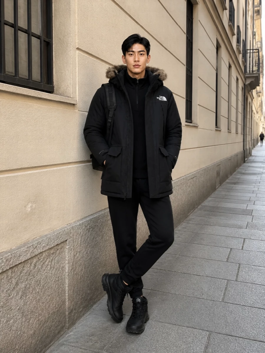 The north face black parka trail sneaker outfit