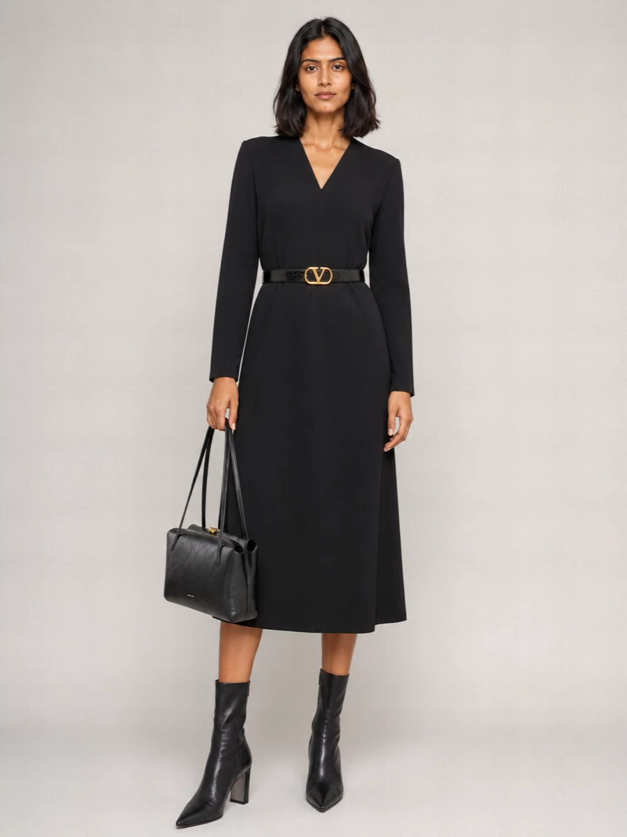 Jil Sander Viscose V-Neck Long-Sleeve Midi Dress