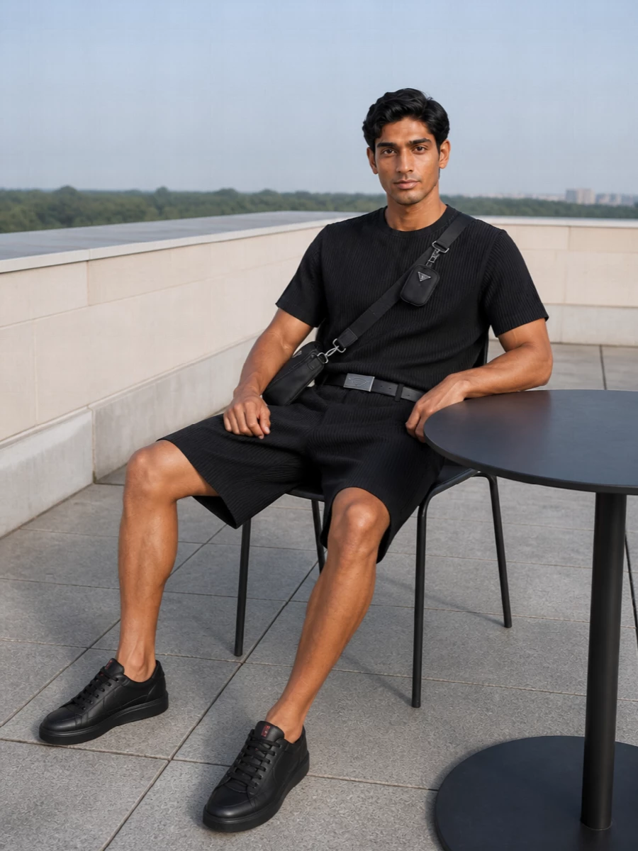 Homme plisse black pleated set prada sneakers