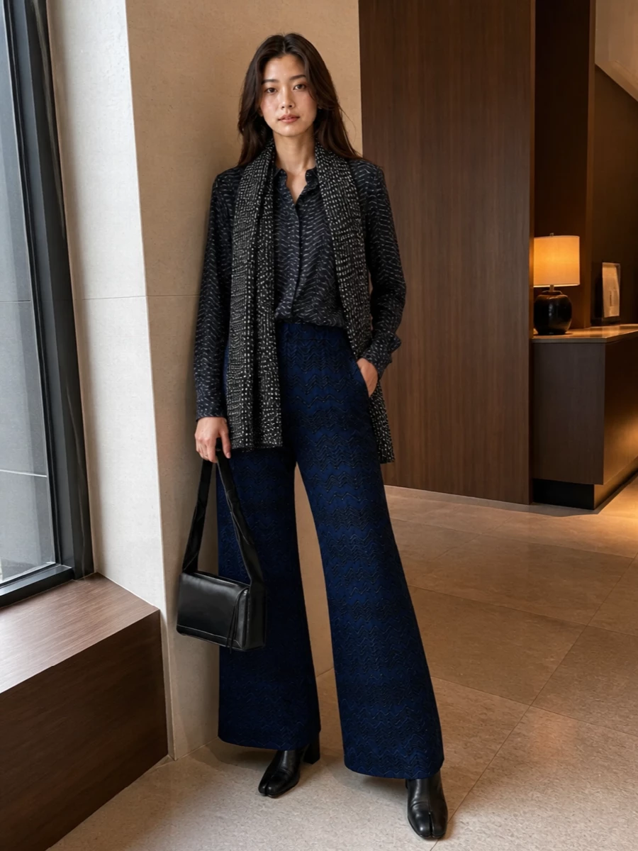 Missoni navy shirt wide leg trousers margiela bag
