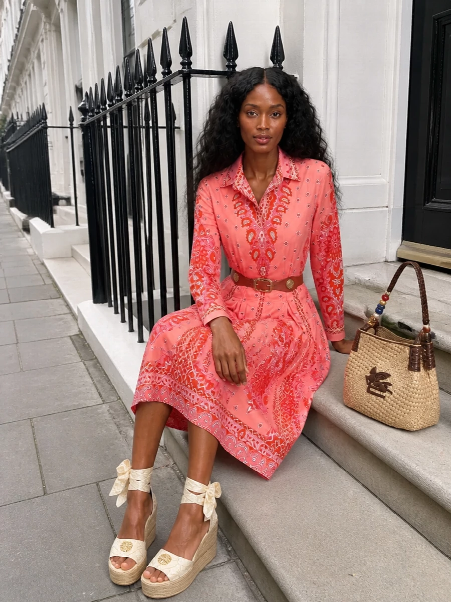 A coral paisley shirt dress stays center stage, cinched with a sculpted brown-and-gold belt that adds definition and a touch of jewelry at the waist. Cream and gold espadrille wedges and a structured raffia hobo keep the palette sunlit and relaxed, perfect for garden parties or seaside cocktails. The mix of textures feels romantic and bohemian yet polished enough for any daytime occasion that drifts into evening.