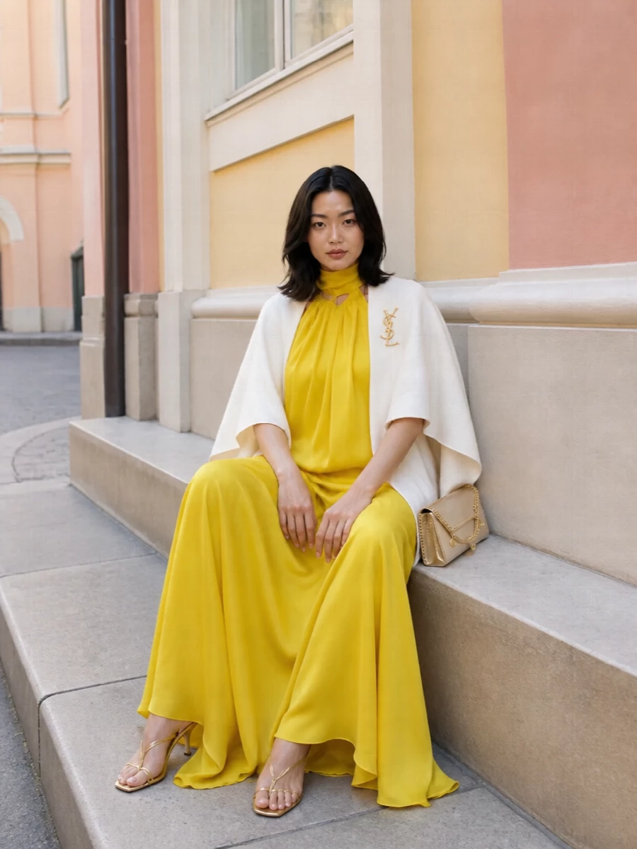 Taller marmo yellow halter gown gold accessories